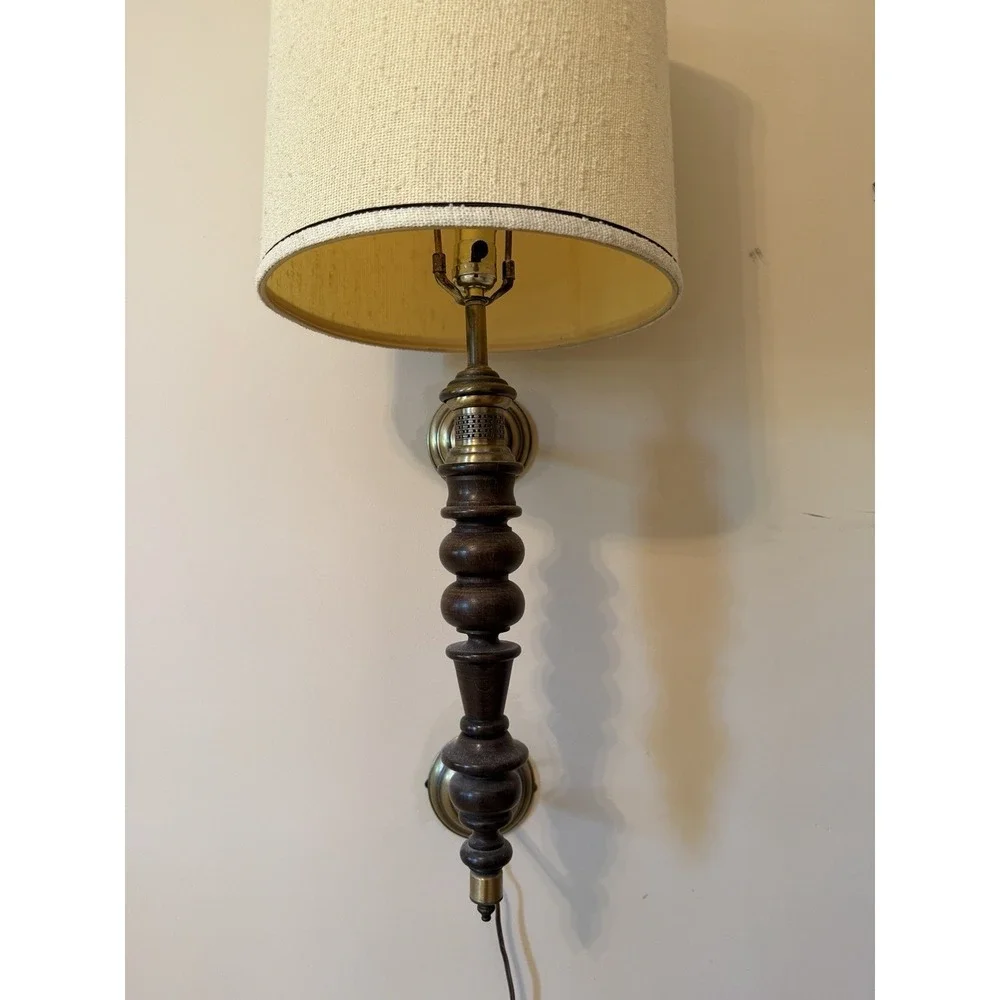 Vintage Roman Column Wall Sconce Lamp Wood Brass Org Linen Shade MCM Style